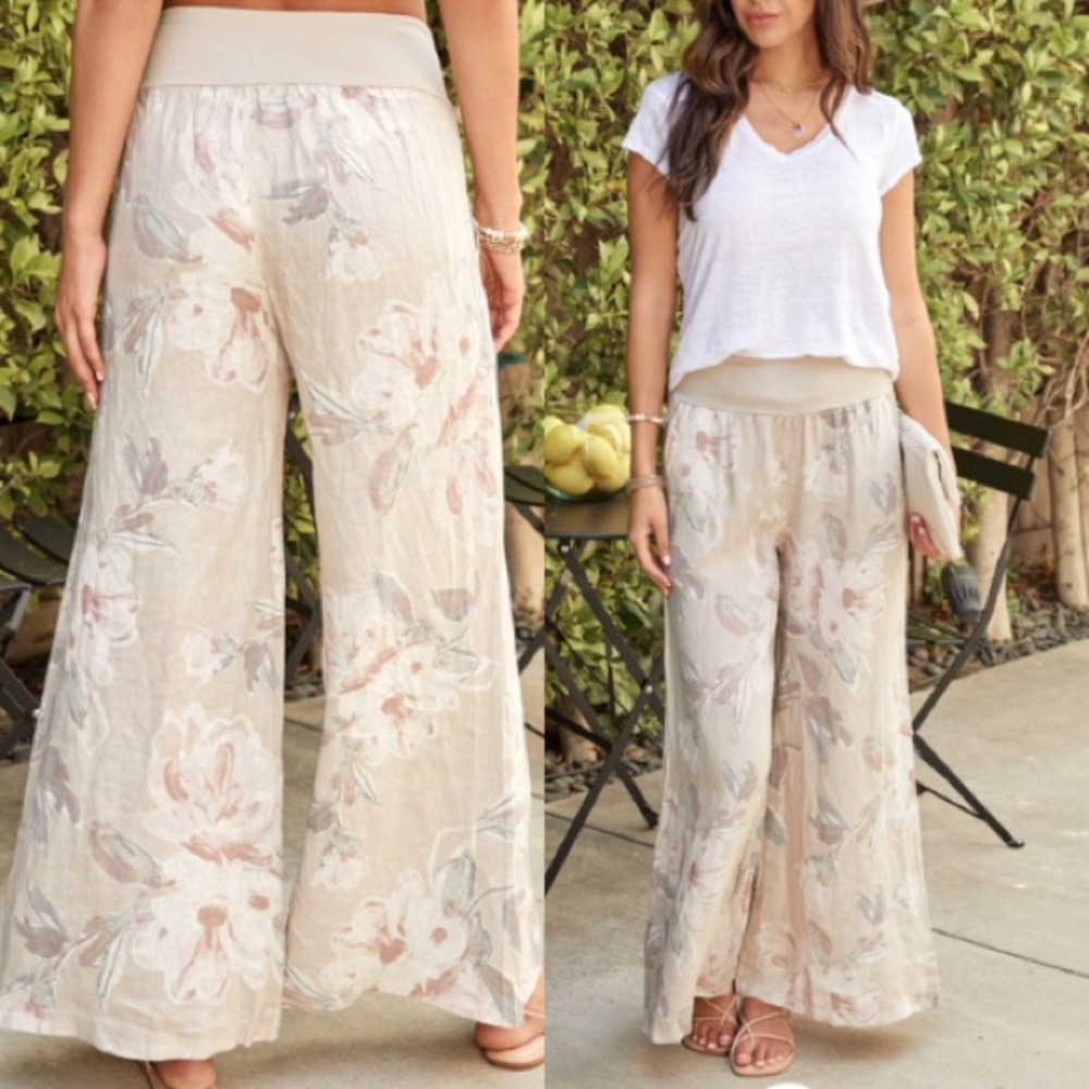 Effortlessly Chic Stretch Waistband Floral Flowy Linen Wide Leg Relaxed Pant - Picture 7 of 7